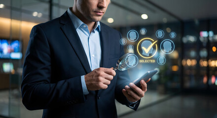 Businessman using smartphone with digital icons