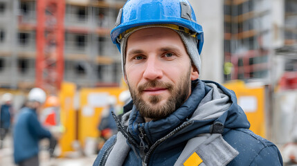 Construction Worker's Portrait: A skilled construction worker, adorned in a blue helmet, confidently poses amidst the backdrop of an active construction site, embodying experience and dedication.