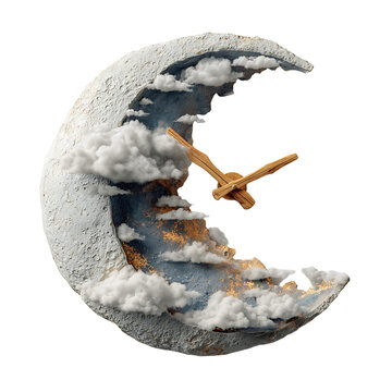 Whimsical crescent moon clock with fluffy clouds and wooden hands. fantasy concept. 3D render isol