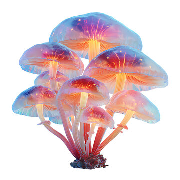 Illuminated cluster of magical. bioluminescent mushrooms with vibrant glowing caps and stalks. fan