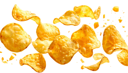 Close-up of crispy, seasoned potato slices in dynamic mid-air arrangement against black