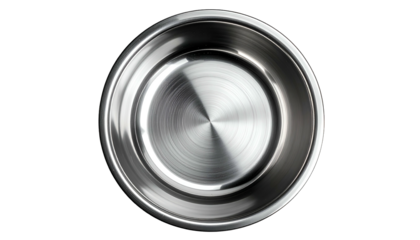 Overhead, shiny, metal bowl with textured interior, set against black background