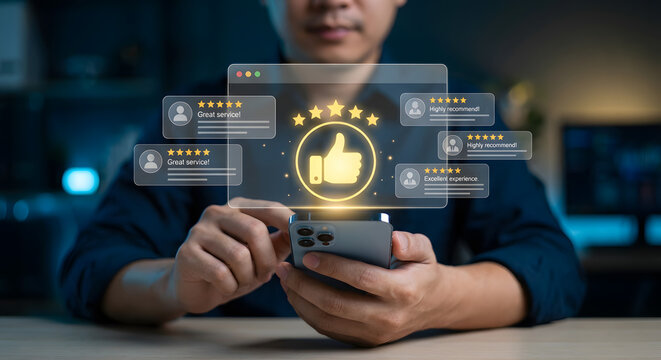 man using smartphone with social media ratings and thumbs up - Powered by Adobe
