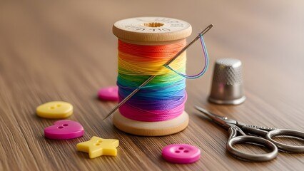 A large wooden spool of rainbow thread a needle thimble scissors and colorful buttons on a wooden surface