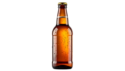 Amber glass beer bottle, condensation, dark background, golden cap