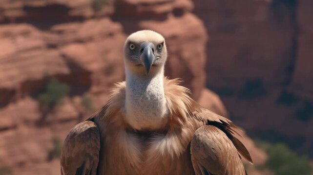 A close-up shot of a majestic vulture staring intently towards the viewer. The vulture's sharp eyes are focused, creating a sense of intensity and alertness