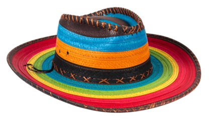 A colorful sombrero with rainbow brim, stitched leather trim, isolated against black