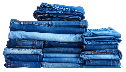 Stack of assorted blue denim jeans, folded neatly with varying shades