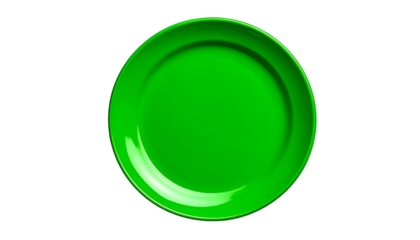 A vibrant, glossy green plate, isolated on a stark black background