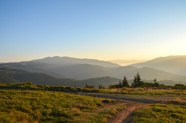 Serene landscape featuring distant blue mountains, a sunlit valley, and a winding dirt path through grassy terrain at sunrise. Carpathians, Ukraine
