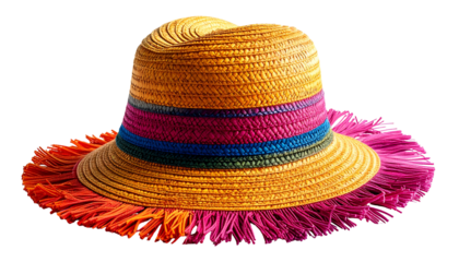 Woven straw hat with colorful band and fringed brim, isolated against black