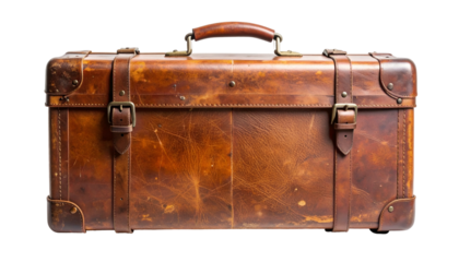 Close-up of a well-worn, rectangular leather suitcase, with brass details and buckles