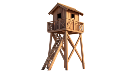 A wooden observation tower, with a raised platform, stairs, and a small cabin