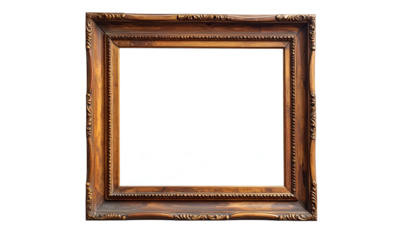 Ornate, empty square frame of aged, brown wood, with decorative carvings, on black background