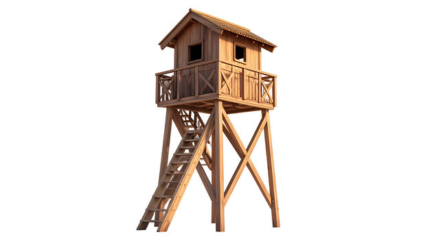 A wooden observation tower, with a raised platform, stairs, and a small cabin
