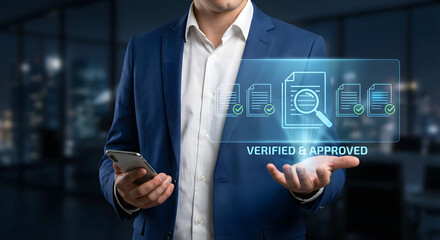 Businessman with verified approved digital documents on smartphone