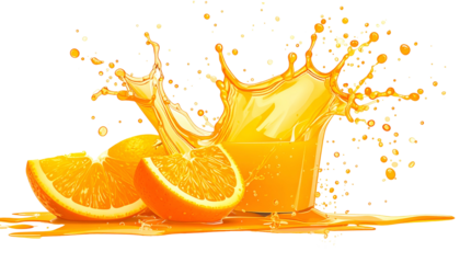 Vibrant image showcasing a glass of juice with a splash and orange slices