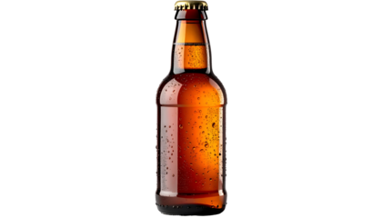 A wet, brown glass bottle of beer isolated on black background, with condensation