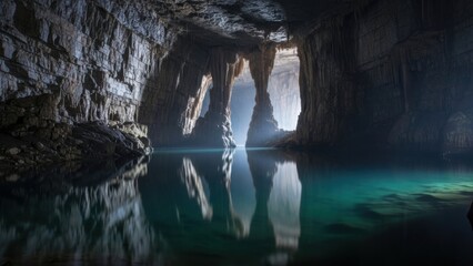 Mysterious Cave Reflection - Tranquil Waters and Dramatic Light.