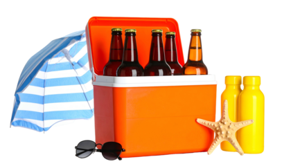 Beach scene with cooler, drinks, sunscreen, starfish, umbrella, and sunglasses