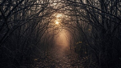 Mysterious Forest Path Illuminated by Golden Sunlight, Atmospheric Scene.