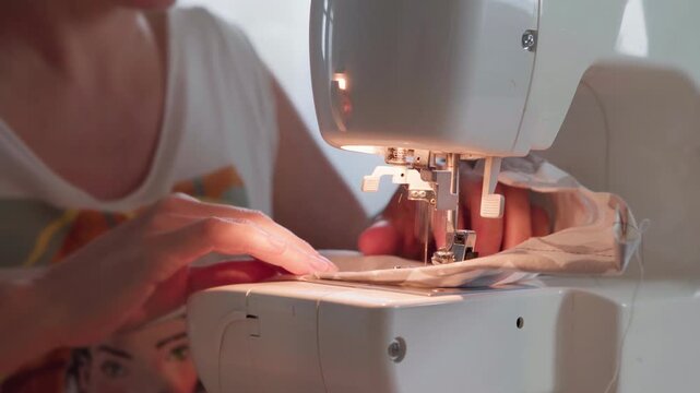 4K macro footage of professional seamstress hands using sewing machine to stitch textile fabric. Close-up of artisan dressmaking and tailoring process. Creative fashion design craft workshop.