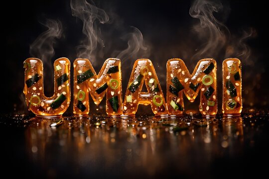 Captivating representation of umami flavors displayed in gelatin letters glistening with sesame seeds and green onions under dramatic lighting evoking culinary artistry