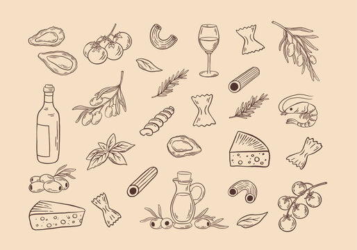 Hand drawn italian pasta ingredients with cheese, wine, basil,  seafood, herb, tomatoes and olive vector illustration. Mediterranean cuisine doodle set.