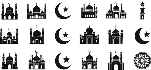 Black and white mosque silhouettes with crescent moon and star symbols © Riyaj Vector Valley