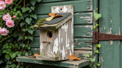 Weathered wooden birdhouse with a leaf on the roof and green background.