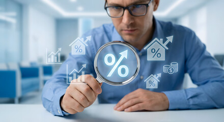 businessman analyzing financial data with magnifying glass