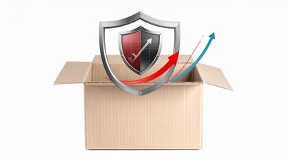 Safeguarding Growth: The image depicts a cardboard box, with a protective shield atop it, and growth charts emerging. Signifying safety and secure growth.
