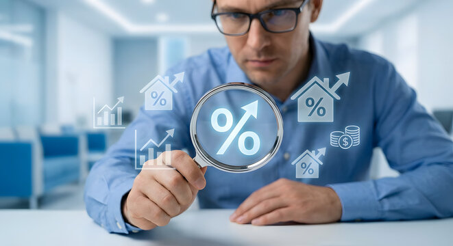 businessman analyzing financial data with magnifying glass - Powered by Adobe