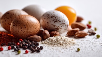 Rustic arrangement of eggs, almonds, spices, and gluten-free flour in a serene setting