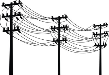 Black silhouette of three power lines with multiple wires and insulators on white background