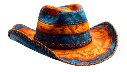 A detailed, vibrant cowboy hat with a unique blend of blue, orange, and brown tones