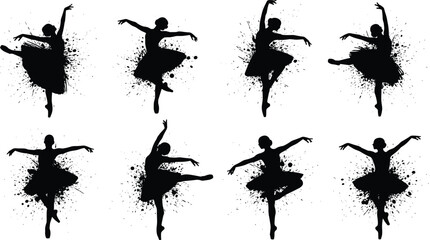 Black silhouettes of ballerinas in various dance poses with paint splatters ballet © Olaja Vector Vision