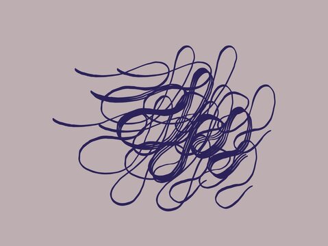 This image is a minimalist abstract illustration featuring a complex tangle of navy blue calligraphic lines set against a muted, dusty lavender background. The composition is expressive and gestural