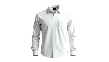 A studio shot of a crisp, white, long-sleeved dress shirt with a pocket on the chest