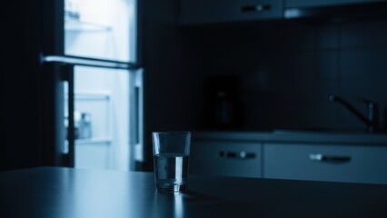 Glass of water on a table in a dark kitchen with open fridge.