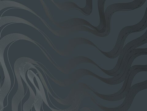 This digital artwork is a sophisticated generative abstraction set against a solid, dark slate-gray background. The composition is defined by flowing, rhythmic bands of fine parallel lines that sweep 