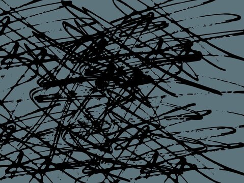 This digital artwork presents a high-contrast abstract expressionist composition set against a solid, muted slate-blue background. The design is defined by a dense