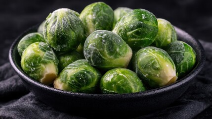 Fototapeta premium A bowl holds frozen brussels sprouts on a dark background. The green sprouts sit next to each other ready to be cooked and added to a meal.