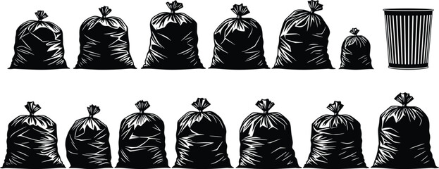 Black trash bags and can garbage