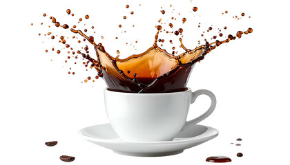 Coffee cup filled with rich liquid, splashing up in an artistic crown on a black background