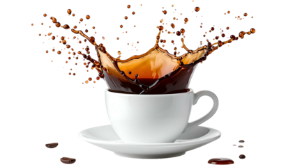 Coffee cup filled with rich liquid, splashing up in an artistic crown on a black background