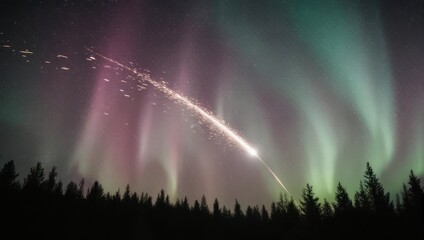 Vibrant Aurora Borealis with a Bright Meteor Shower Streaking Across the Night Sky.