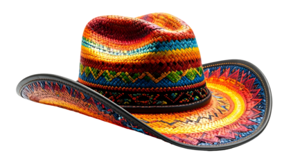 A vibrantly patterned cowboy hat with intricate, colorful woven designs