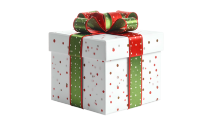 White box with red and green polka dots & ribbon, perfect for celebrations, on black