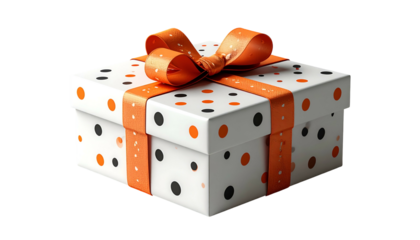 A white gift box with orange/black polka dots, orange ribbon bow on top